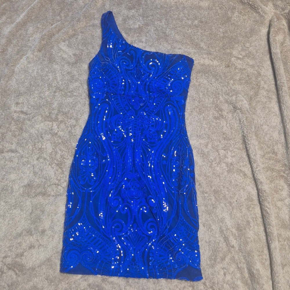 Next Up Royal Blue Sequin One Shoulder Mini Dress Paisley Scroll Size 1/2